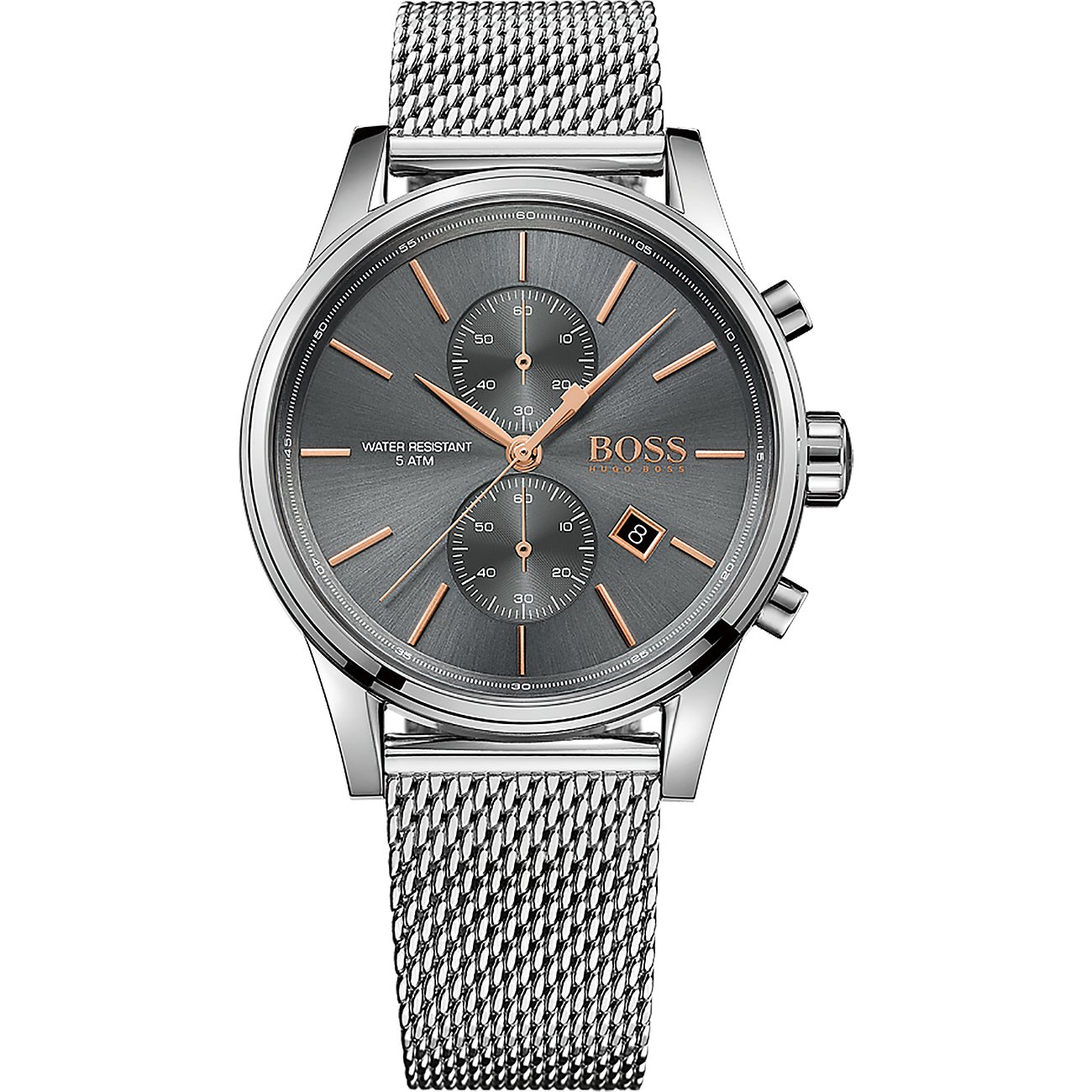 Boss Herrenuhr aus Edelstahl mit Chronograph, grauem Zifferblatt, roségoldenen Akzenten und Mesh-Armband.