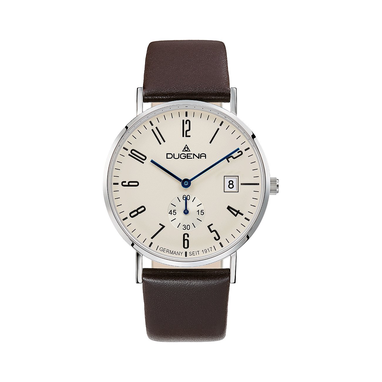 Dugena Herrenuhr: Edelstahl, braunes Lederarmband, cremefarbenes Zifferblatt, blaue Zeiger, kleine Sekunde bei 6 Uhr.