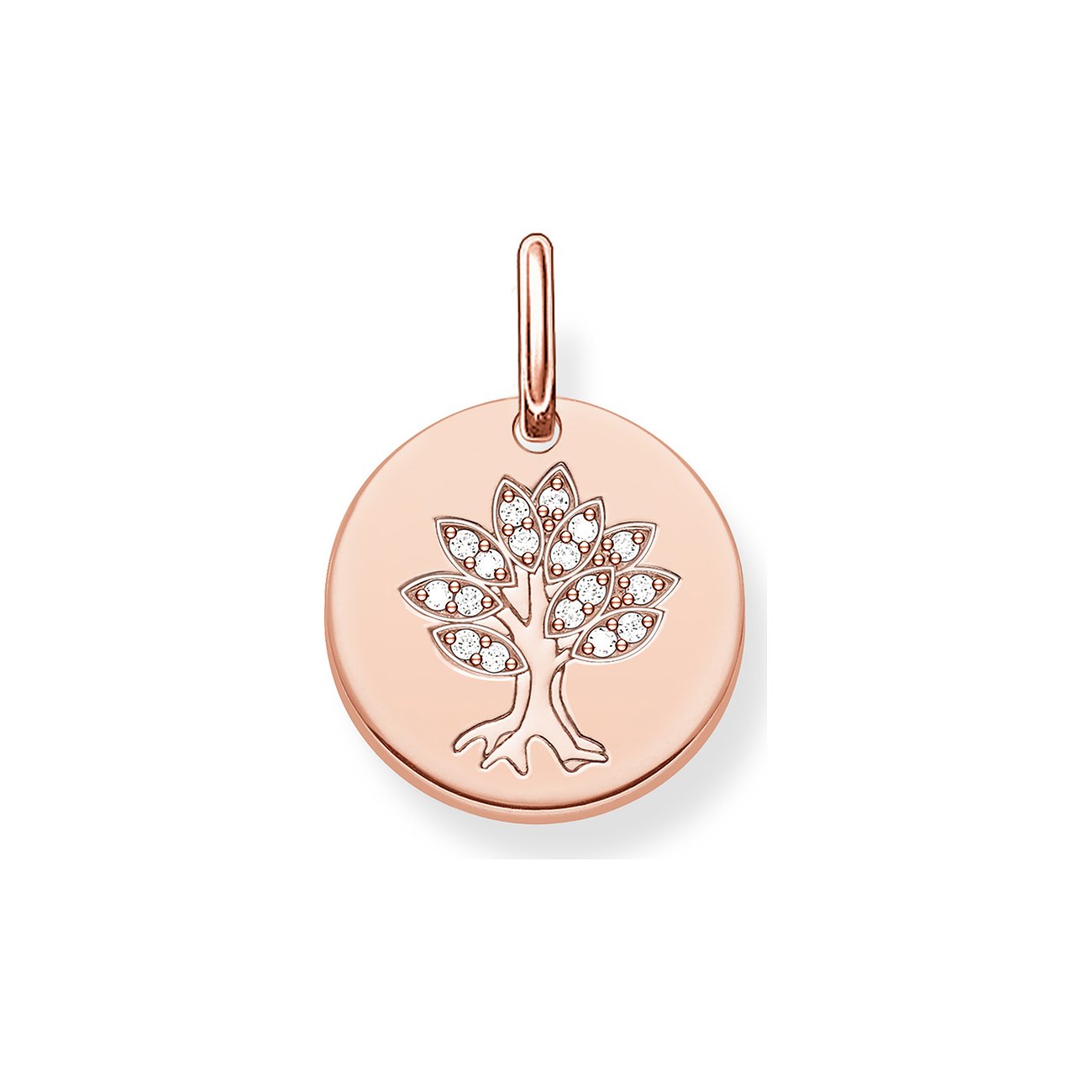Thomas Sabo Anhänger aus roségoldfarbenem Silber 925, runder Anhänger mit stilisiertem Baum & klaren Schmucksteinen.