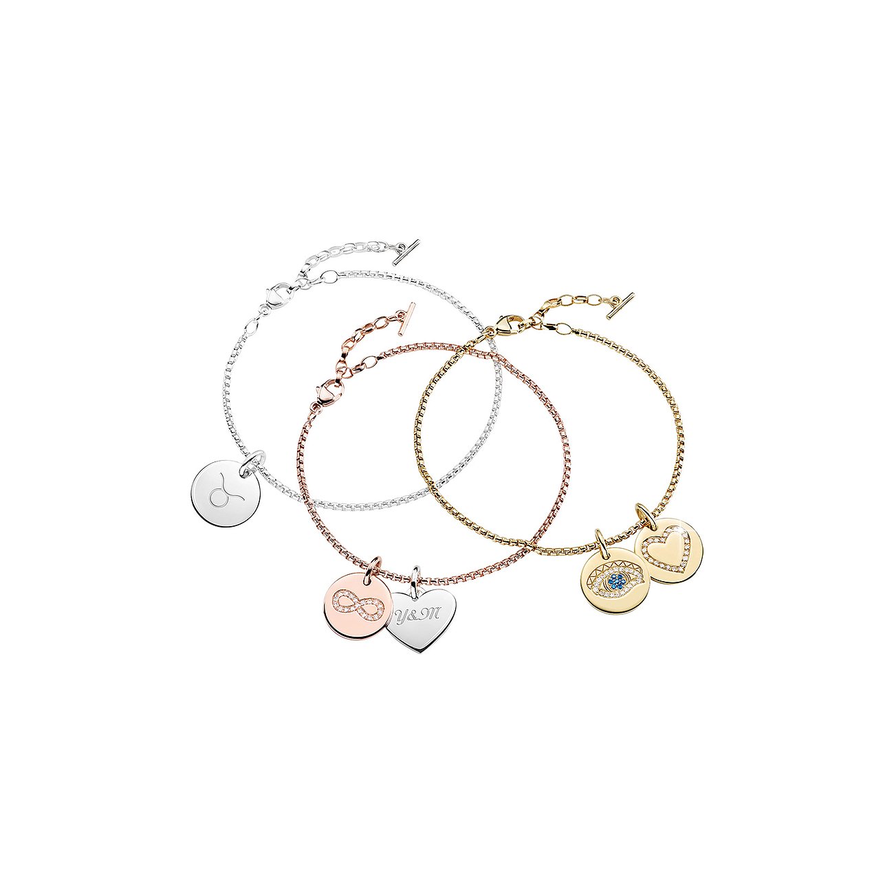 Drei Thomas Sabo Anhänger-Armbänder aus 925er Silber in Silber, Roségold und Gold mit verschiedenen Charm-Anhängern.