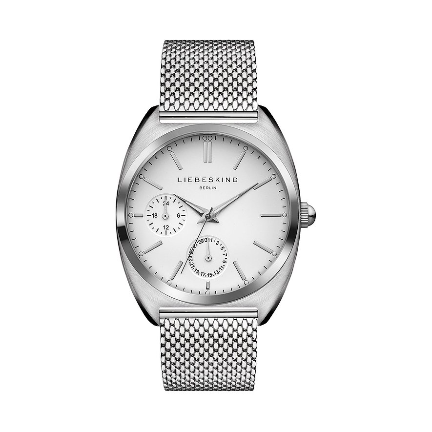Nahaufnahme einer runden Liebeskind Damenuhr aus Edelstahl mit ovalem, silberfarbenem Gehäuse und Metallarmband.