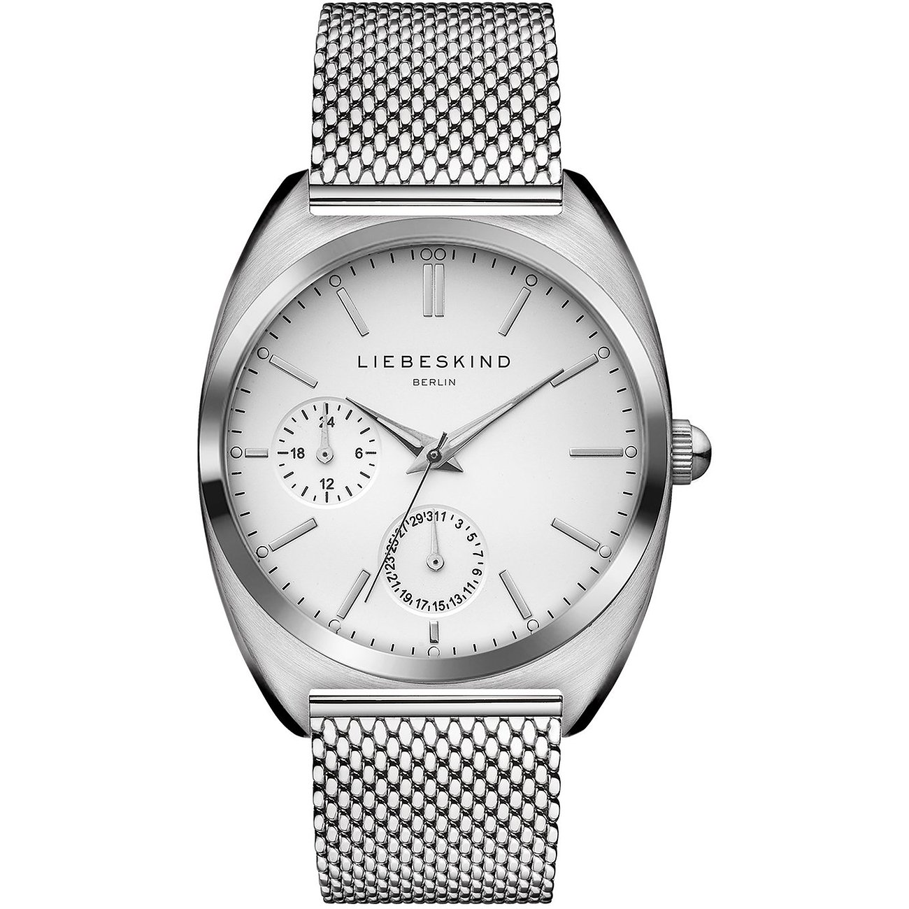 Nahaufnahme einer runden Liebeskind Damenuhr aus Edelstahl mit ovalem, silberfarbenem Gehäuse und Metallarmband.