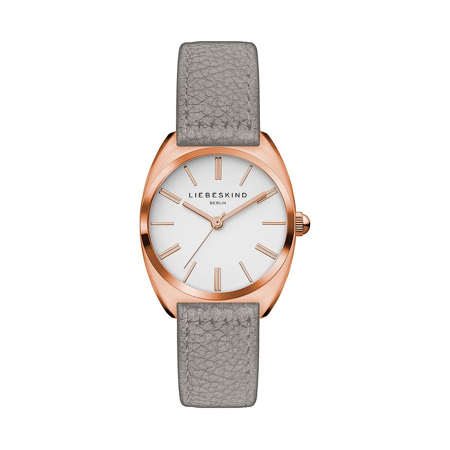 Liebeskind damklocka i rostfritt stål med roséguldfärgad boett, vit urtavla och grått armband.