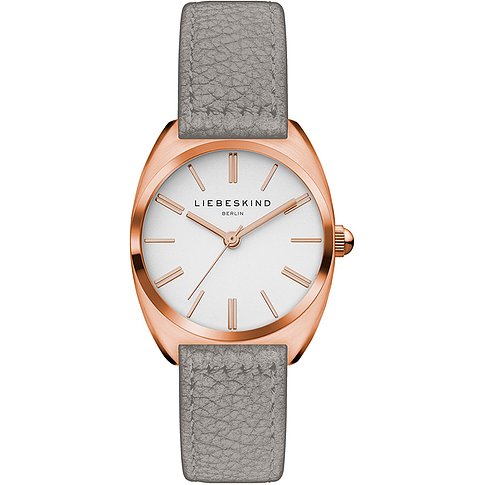 Eine Liebeskind Damenuhr aus Edelstahl mit roségoldenem Gehäuse und weißem Zifferblatt, mit grauem Armband.
