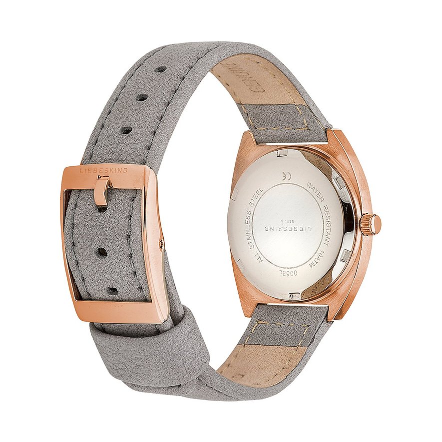 Baksidan av ett Liebeskind damarmbandsur i rostfritt stål med grått armband och roséguldlås.