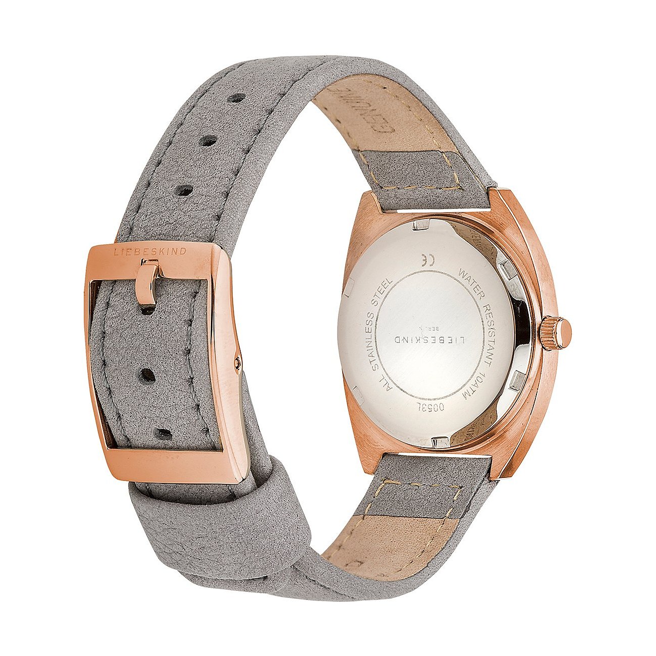 Baksidan av ett Liebeskind damarmbandsur i rostfritt stål med grått armband och roséguldlås.