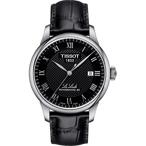 Tissot Herrenuhr mit Edelstahlgehäuse, schwarzem Zifferblatt und römischen Ziffern.