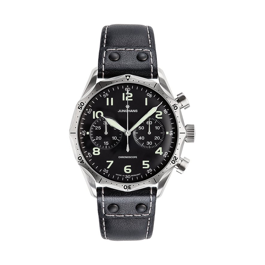 Junghans Chronograph Meister Pilot 27359000, Herren, Edelstahl, Armband: Rind, Automatik, analog