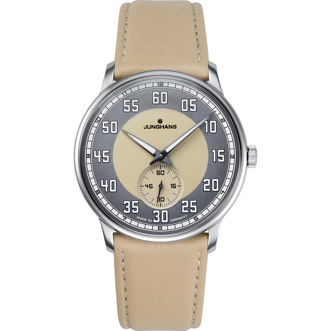 Junghans Herrenuhr aus Edelstahl mit hellem beigem Lederarmband und grau-beigem Zifferblatt.