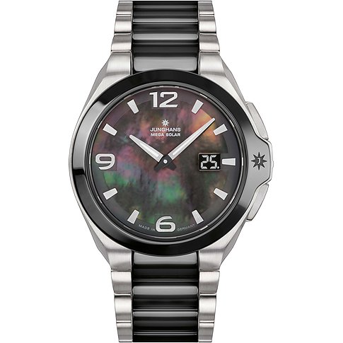 Junghans Damenuhr mit Edelstahlgehäuse und Keramik, analog mit Datumsanzeige.