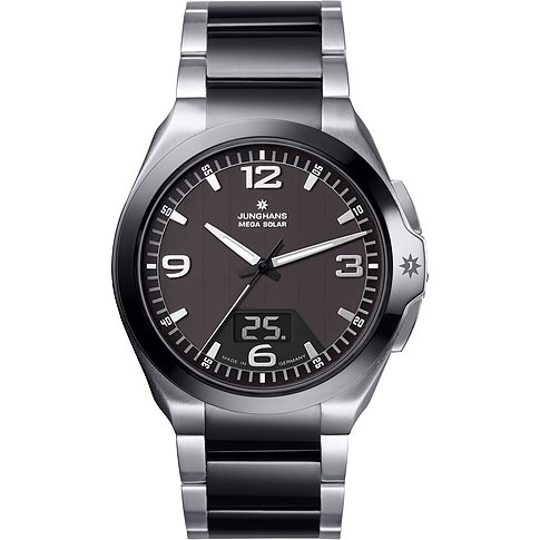 Junghans Herrenuhr mit Edelstahlgehäuse, Keramiklünette, analog/digital.