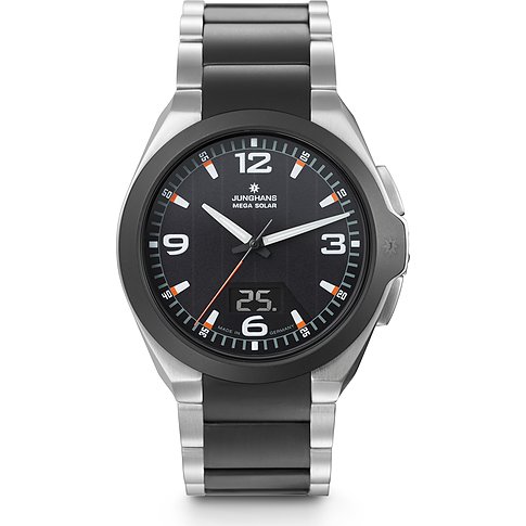 Junghans Herrenuhr mit Edelstahlgehäuse und schwarzem Zifferblatt.