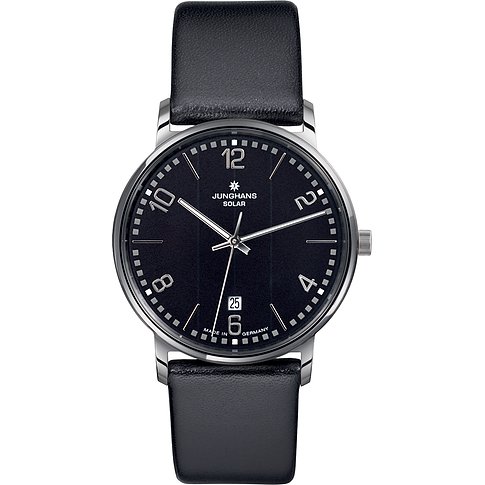 Junghans Herrenuhr mit Edelstahlgehäuse, schwarzem Zifferblatt und Datum.