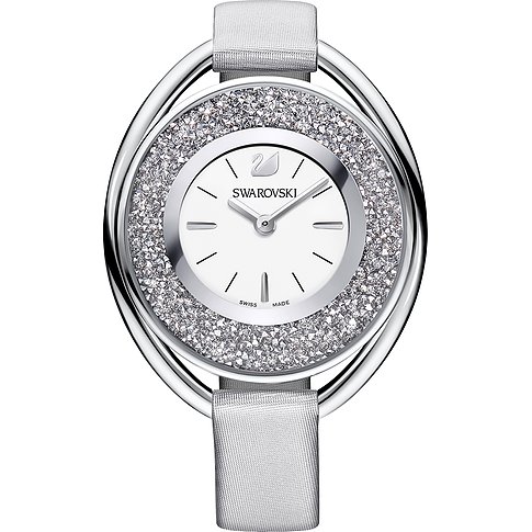 Nahaufnahme einer Swarovski Damenuhr aus Edelstahl mit ovalem Gehäuse, besetzt mit funkelnden klaren Schmucksteinen.