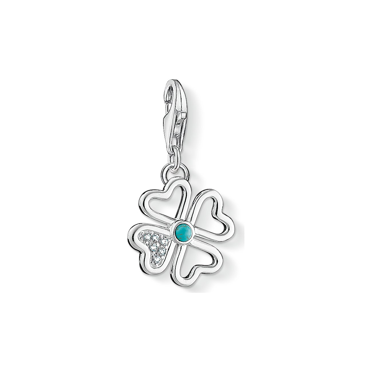 Thomas Sabo kleeblattförmiger Charm-Anhänger aus 925er Silber mit Zirkonia-Steinen und einem zentralen Zirkonia.