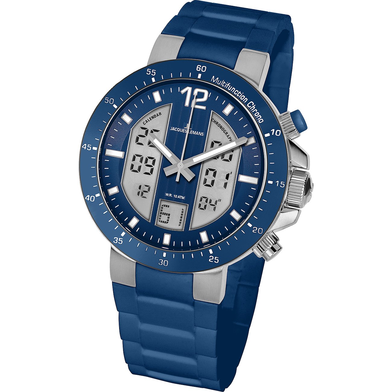 Jacques Lemans Herrenuhr aus blauem Edelstahl mit blauem Kautschukarmband und Multifunktionsanzeige.