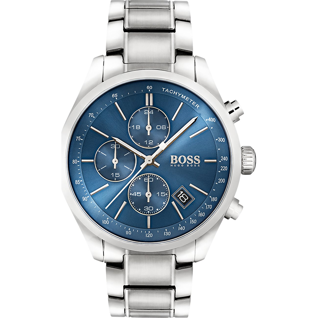 Boss Herrenuhr aus silberfarbenem Edelstahl mit blauem Zifferblatt, drei Hilfszifferblättern und Datumsanzeige.