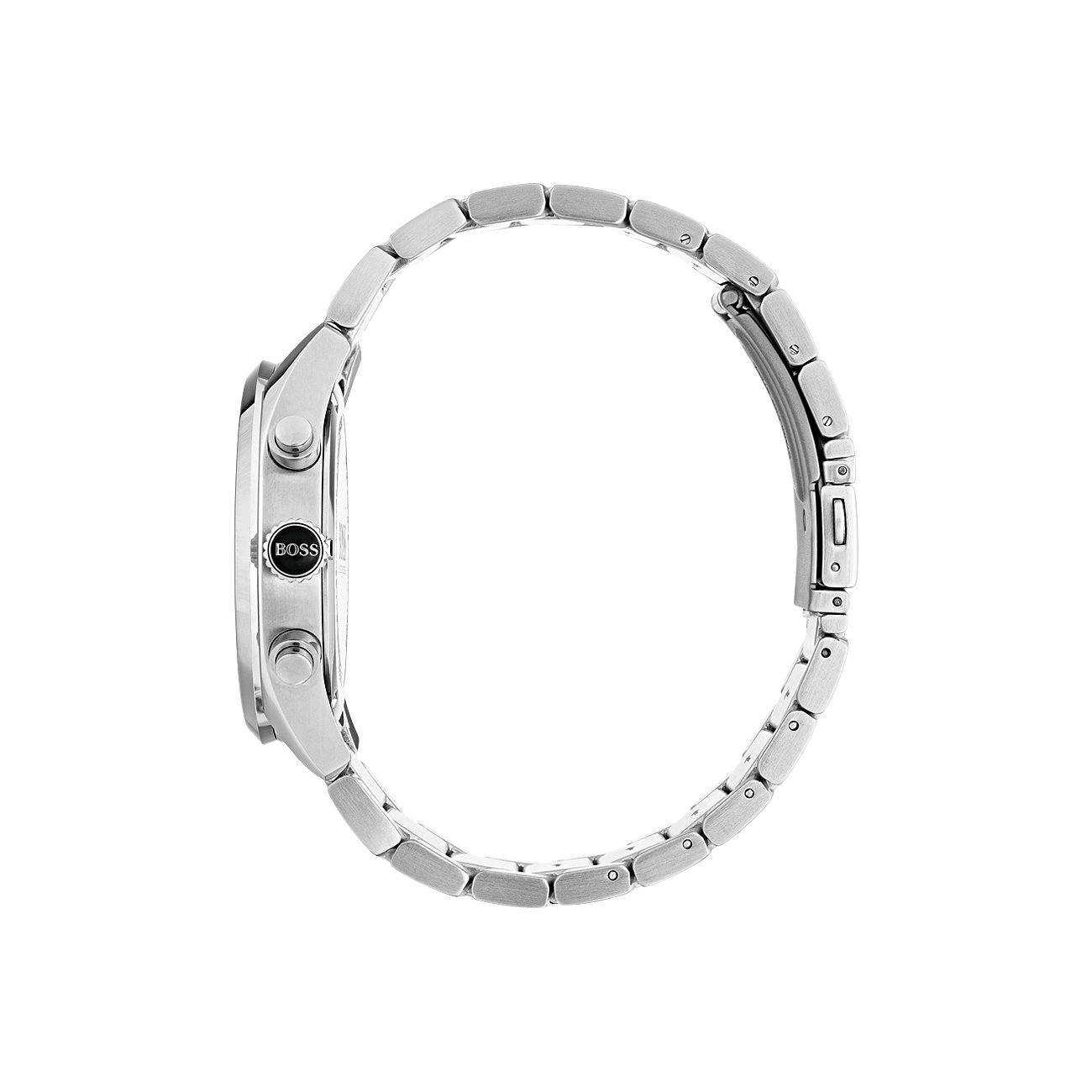 Seitenansicht einer silbernen Boss Herrenuhr aus Edelstahl mit Chronographenknöpfen und gefalteter Schließe.