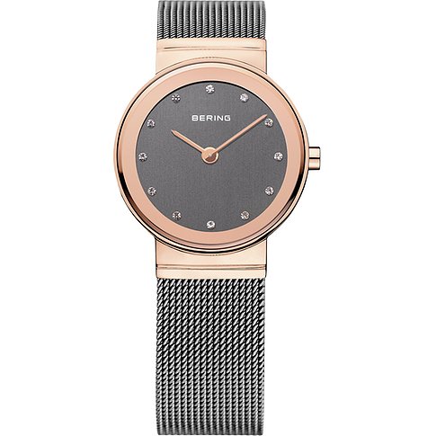 Bering Damenuhr aus Edelstahl mit roségoldenem Gehäuse, grauem Zifferblatt und Swarovski-Kristallen.