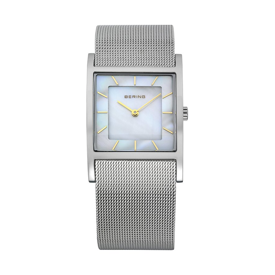 Bering Damenuhr aus Edelstahl mit eckigem Perlmutt-Zifferblatt und silberfarbenem Mesh-Armband, Vorderansicht.