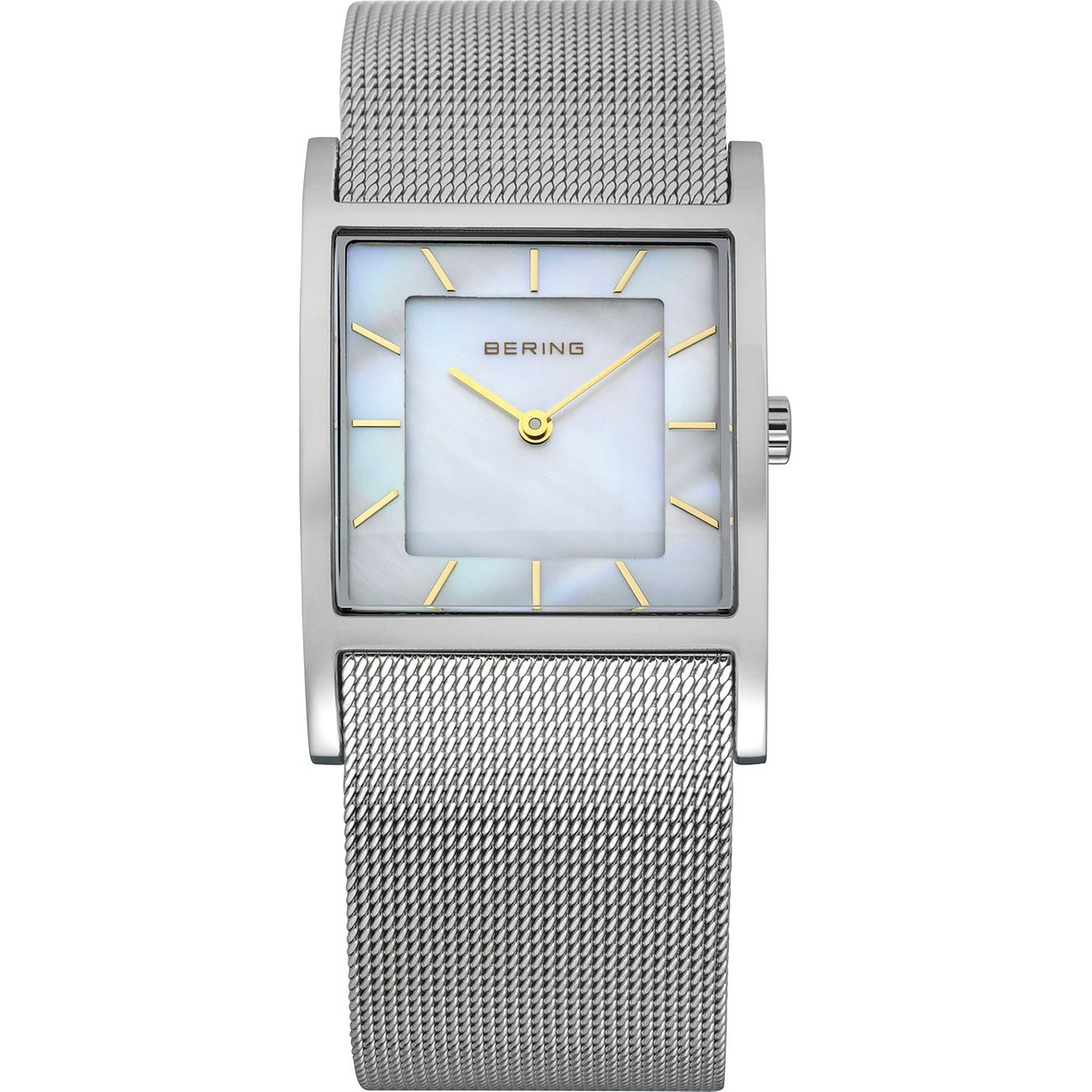 Bering Damenuhr aus Edelstahl mit eckigem Perlmutt-Zifferblatt und silberfarbenem Mesh-Armband, Vorderansicht.