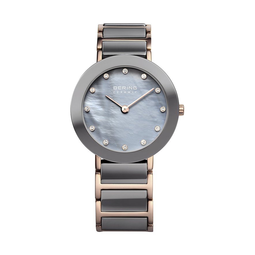 Bering Damenuhr: dunkelgrauer Edelstahl, roségoldfarbenes Gehäuse/Armband, Perlmuttzifferblatt mit Swarovski-Kristallen.