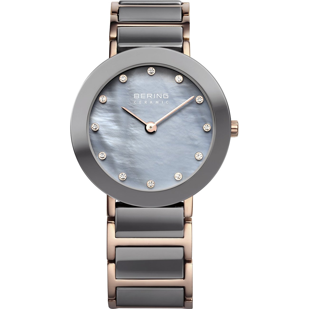 Bering Damenuhr: dunkelgrauer Edelstahl, roségoldfarbenes Gehäuse/Armband, Perlmuttzifferblatt mit Swarovski-Kristallen.