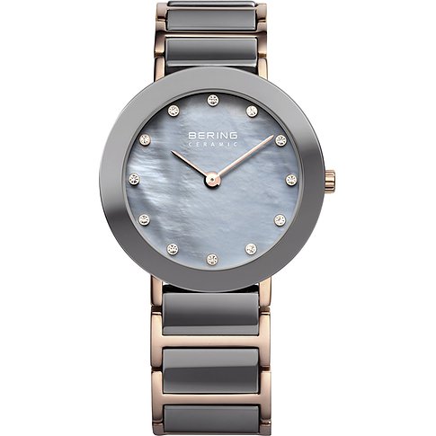 Orologio Bering da donna: acciaio inossidabile grigio scuro, cassa/bracciale color oro rosa, quadrante in madreperla.