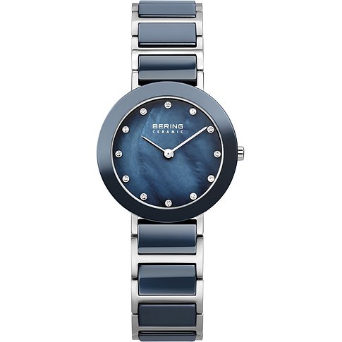 Orologio Bering da donna in acciaio, quadrante/lunetta blu marino, indici orari con cristalli Swarovski.