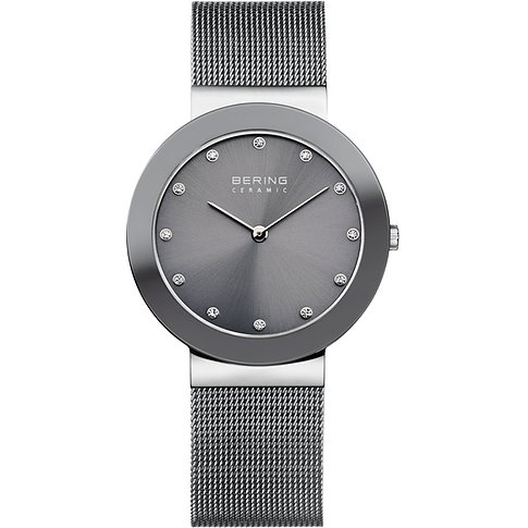 Orologio donna Bering con quadrante grigio e indici in cristalli Swarovski color argento, su cinturino Milanese in acciaio.