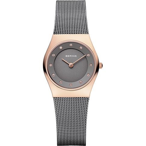 Orologio da donna Bering in acciaio inossidabile color oro rosa con quadrante grigio e indici in zircone.