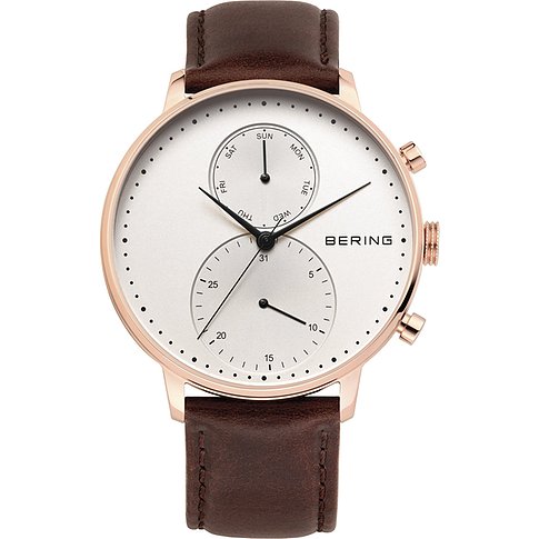 Bering Herrenuhr aus roségoldfarbenem Edelstahl mit weißem Zifferblatt und braunem Lederarmband.