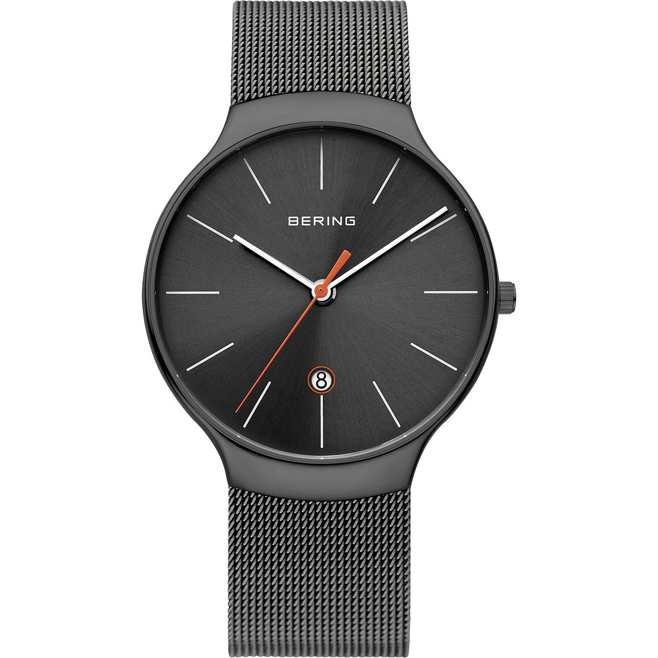 Bering Herrenuhr aus Edelstahl in Gunmetal-Optik mit schwarzem Zifferblatt, silbernen Indexen und orangenem Sekundenzeiger.