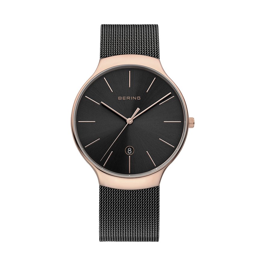 Bering Herrenuhr aus roségoldfarbenem Edelstahl mit schwarzem Zifferblatt und Ziffer 8.