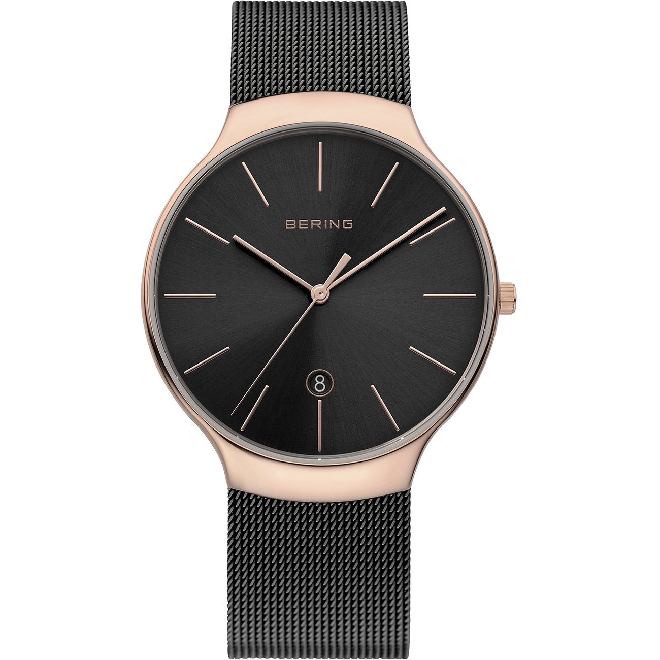 Bering Herrenuhr aus roségoldfarbenem Edelstahl mit schwarzem Zifferblatt und Ziffer 8.