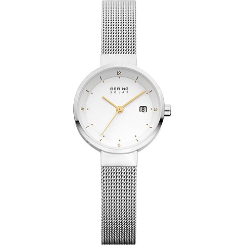 Bering Damenuhr: weißes Zifferblatt, Datum, goldene Zeiger/Punkte, Edelstahl-Milanese-Armband.