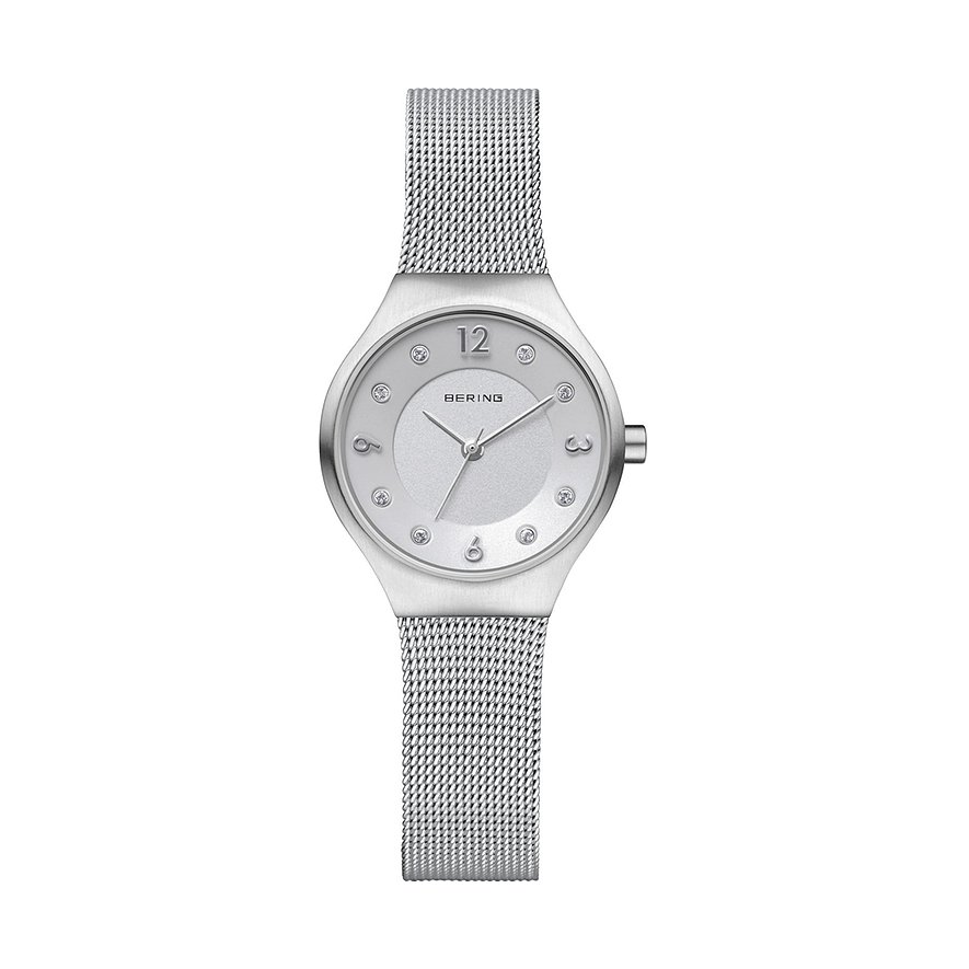 Bering Damenuhr aus Edelstahl mit Millanaise-Armband und einem Zifferblatt versehen mit Swarovski-Kristallen.