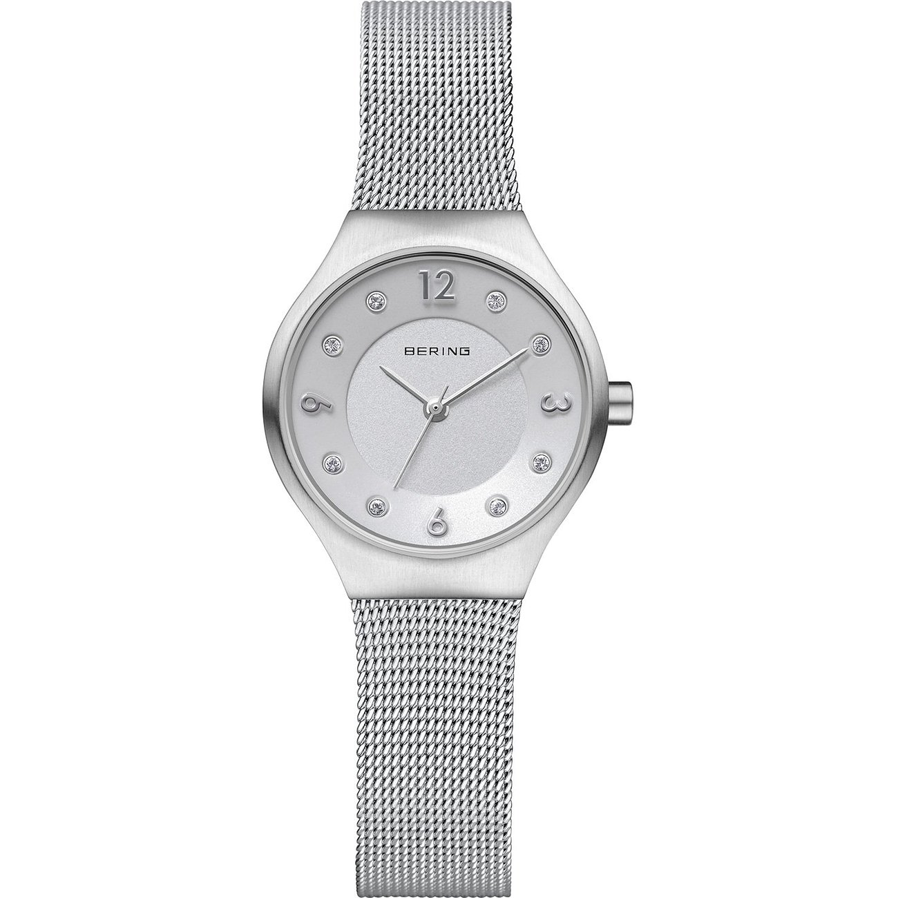 Bering Damenuhr aus Edelstahl mit Millanaise-Armband und einem Zifferblatt versehen mit Swarovski-Kristallen.