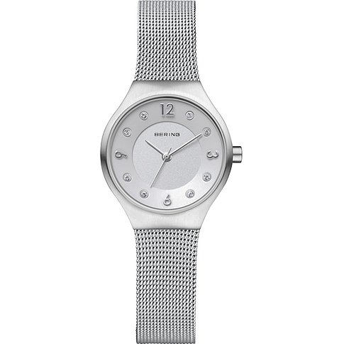 Bering Damenuhr aus Edelstahl mit Millanaise-Armband und einem Zifferblatt versehen mit Swarovski-Kristallen.