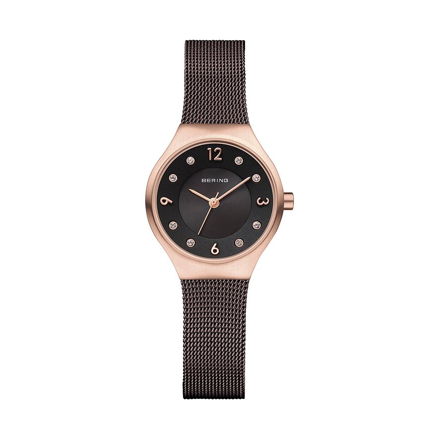 Bering Damenuhr aus roségoldfarbenem Edelstahl mit schwarzem Zifferblatt und Swarovski-Kristallen.