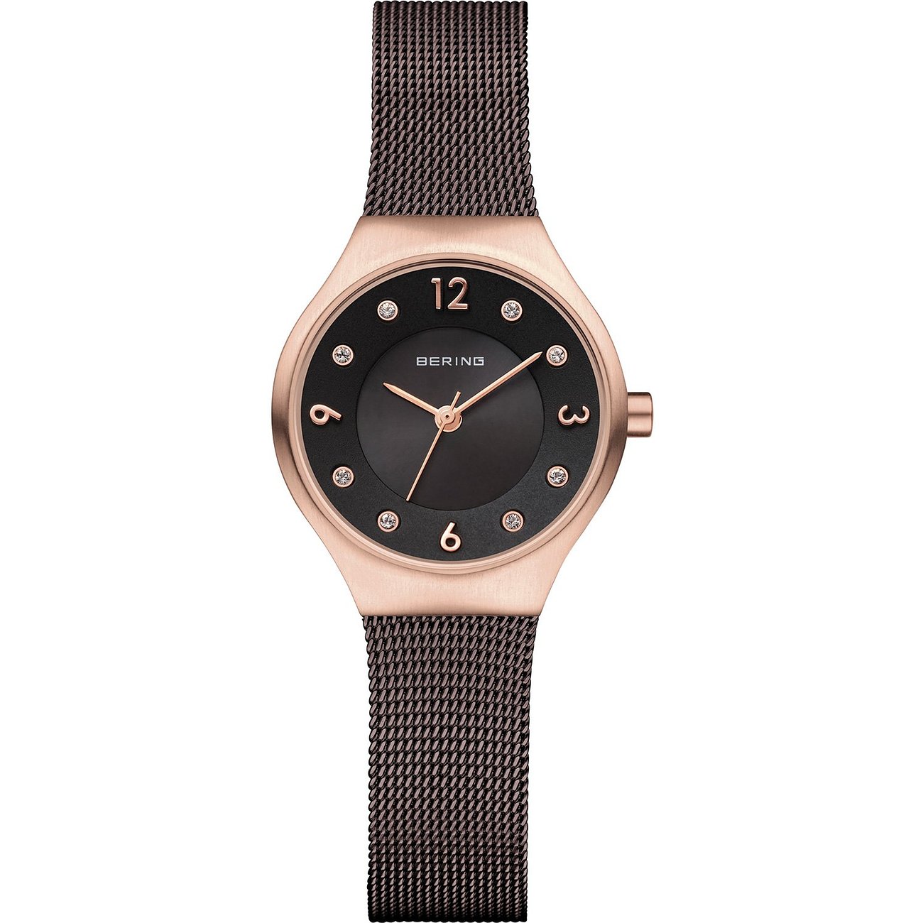 Bering Damenuhr aus roségoldfarbenem Edelstahl mit schwarzem Zifferblatt und Swarovski-Kristallen.