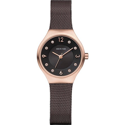 Bering Damenuhr aus roségoldfarbenem Edelstahl mit schwarzem Zifferblatt und Swarovski-Kristallen.