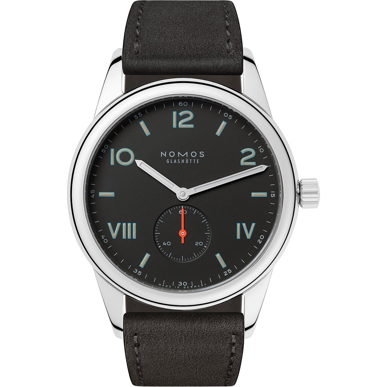Nomos Glashütte Unisexuhr mit Edelstahlgehäuse und schwarzem Zifferblatt.