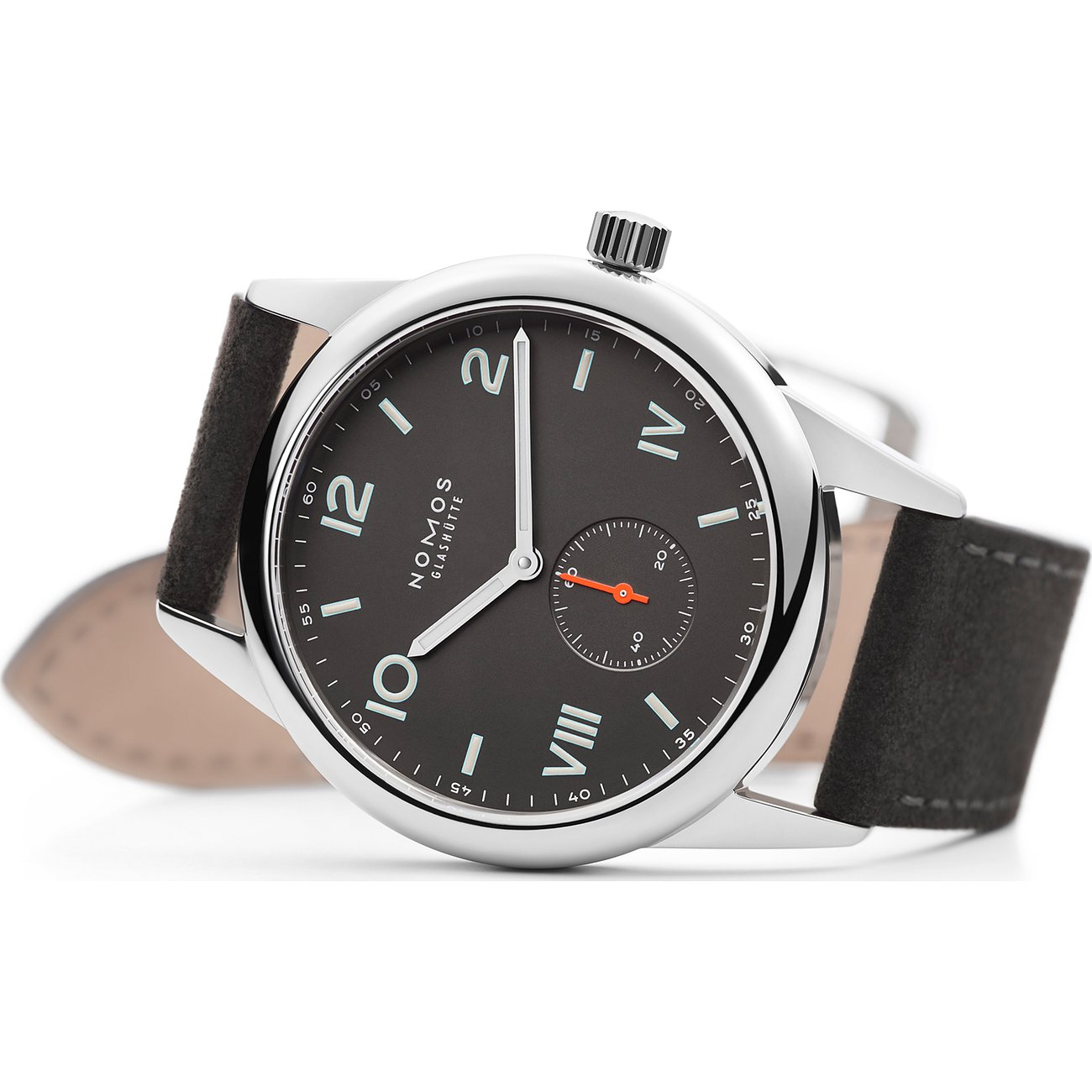 Nomos Glashütte Unisexuhr mit Edelstahlgehäuse, dunkelgrauem Zifferblatt und weißer Indexierung.