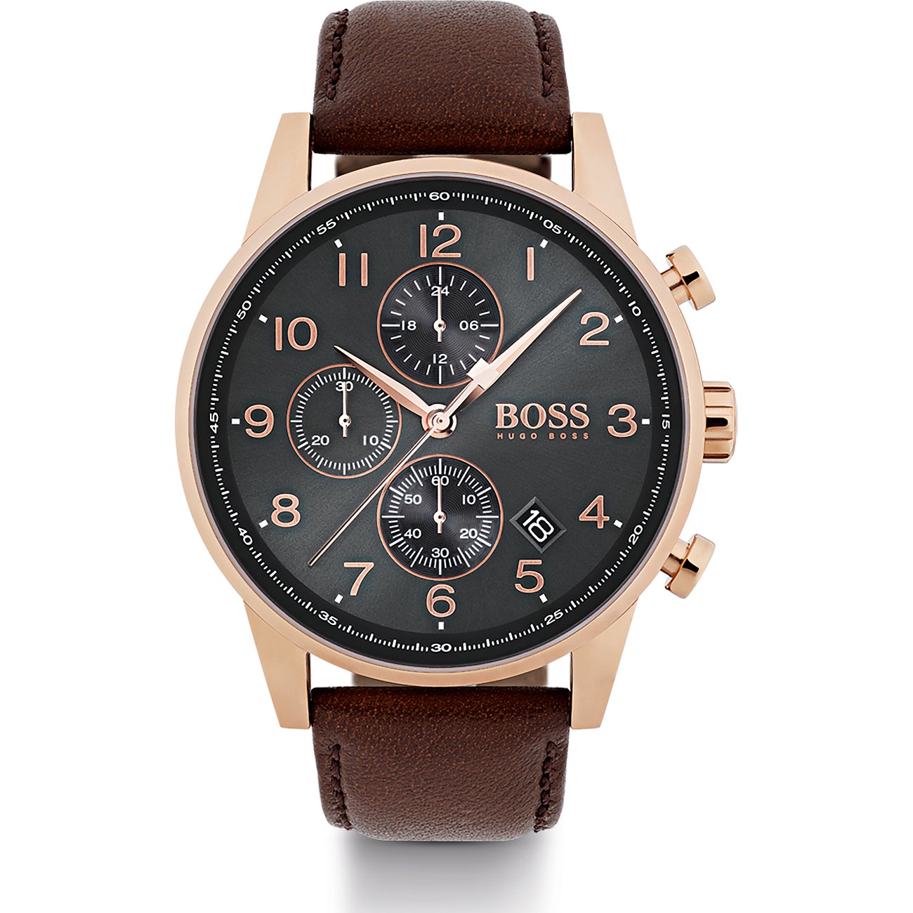 Close-up einer Boss Herrenuhr aus goldfarbenem Edelstahl mit dunkelgrauem Zifferblatt und braunem Lederarmband.