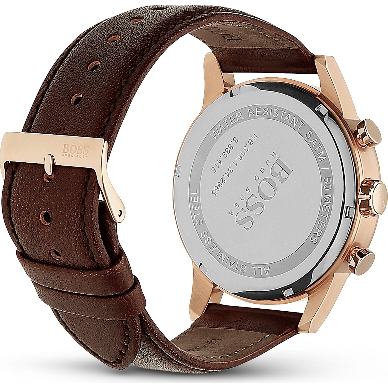 Rückansicht der Boss Herrenuhr aus goldfarbenem Edelstahl mit dunkelbraunem Lederarmband und Dornschließe.