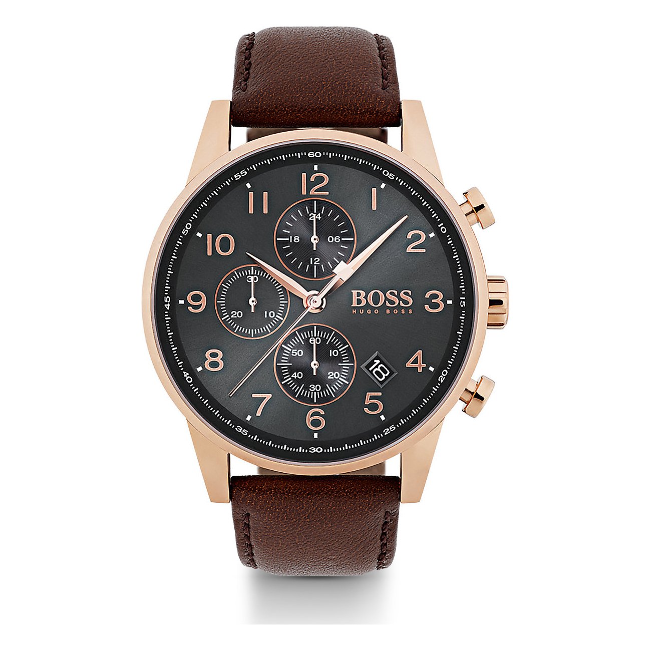 Nahaufnahme einer Boss Herrenuhr aus goldfarbenem Edelstahl mit dunkelgrauem Zifferblatt und braunem Lederarmband.