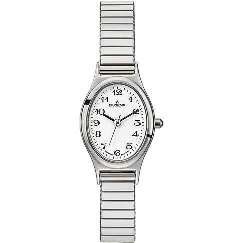 Dugena Damenuhr mit Edelstahlgehäuse, weißem Zifferblatt und silberfarbenem Armband.