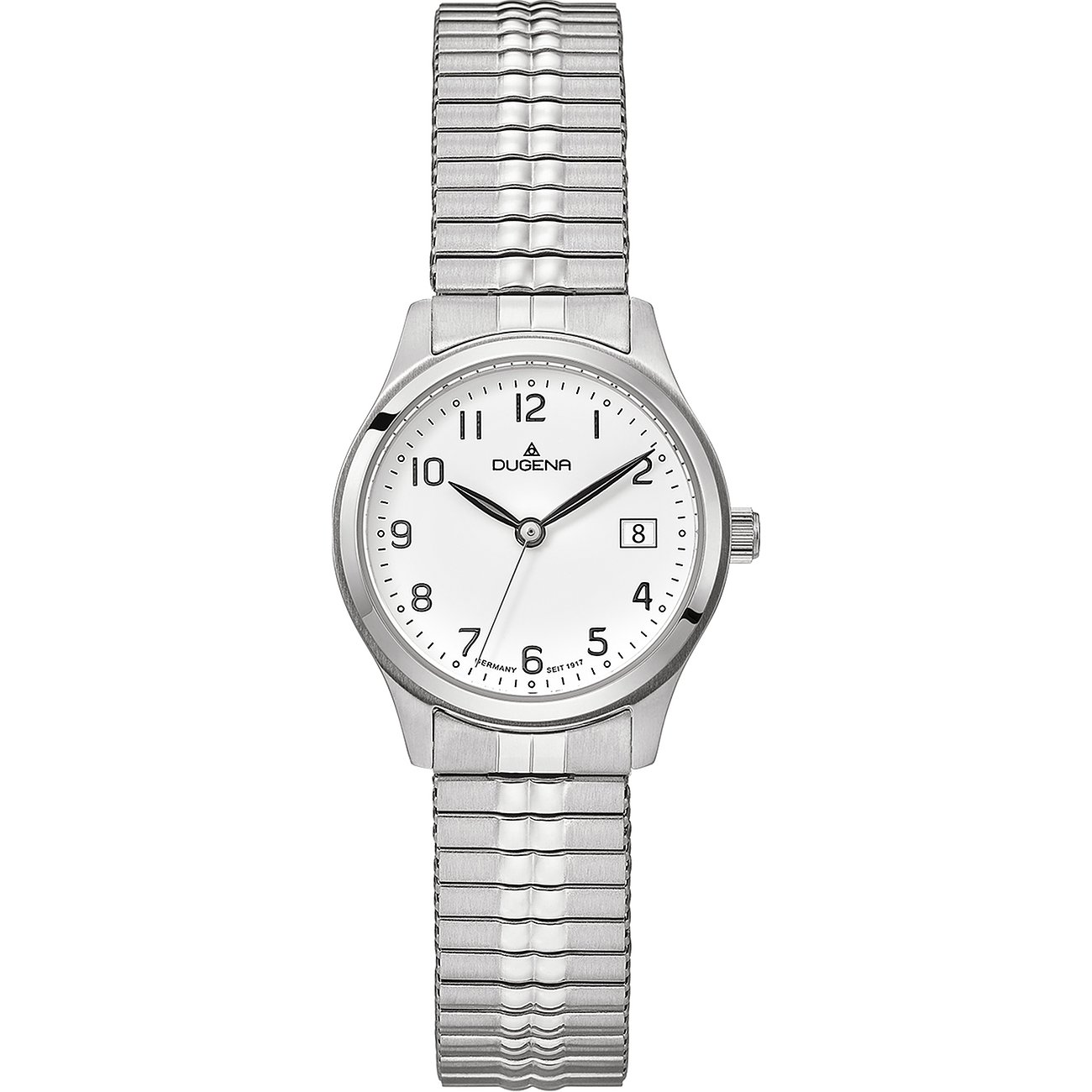 Dugena Damenuhr aus Edelstahl mit weißem Zifferblatt, silbernen Ziffern und Datumsanzeige bei drei Uhr.