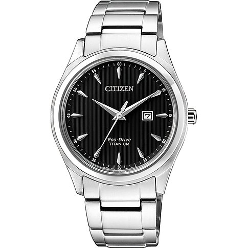 Orologio da donna Citizen in titanio con quadrante scuro, lancette e indici color argento.